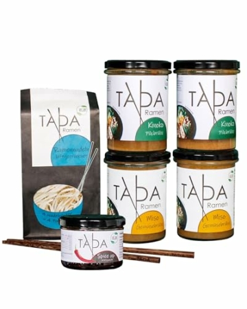 TADA Ramen Starter Set Vegan mit scharfer Gewürzpaste - 4x 350ml traditionelle Ramen-Brühe - Inkl. 250g Ramen Nudeln, Spice Up Würzpaste & Essstäbchen - 1